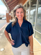 Navy Short Sleeve V - Neck Top - A'Bekah's Boutique