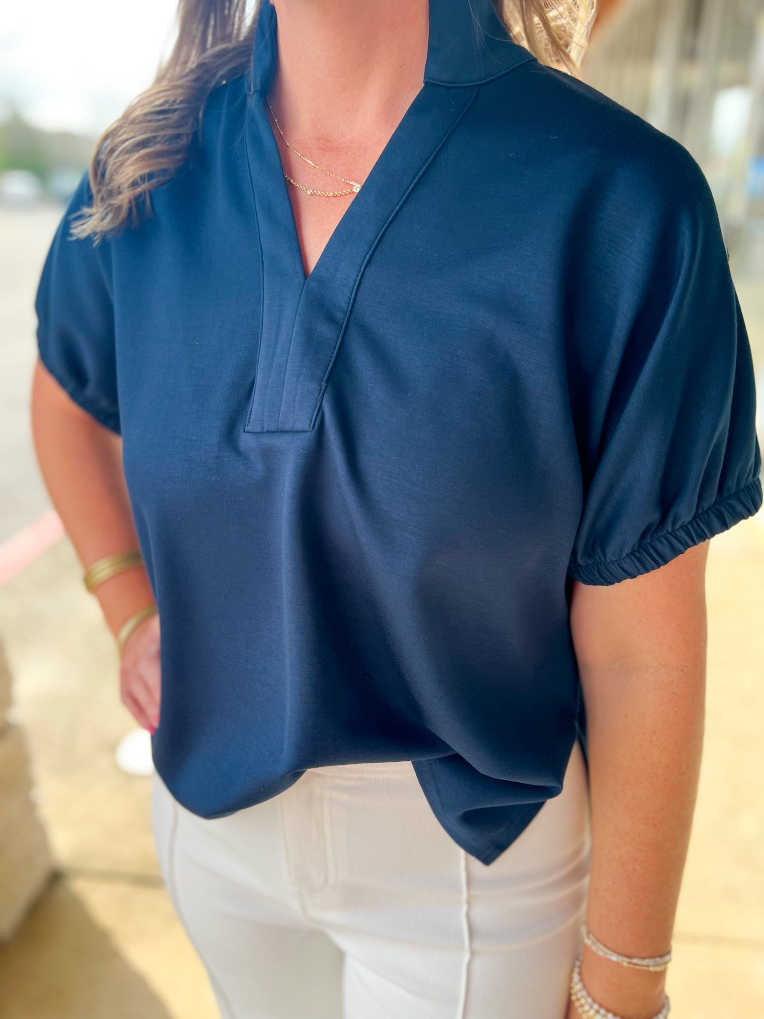 Navy Short Sleeve V - Neck Top - A'Bekah's Boutique