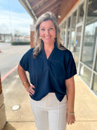 Navy Short Sleeve V - Neck Top - A'Bekah's Boutique
