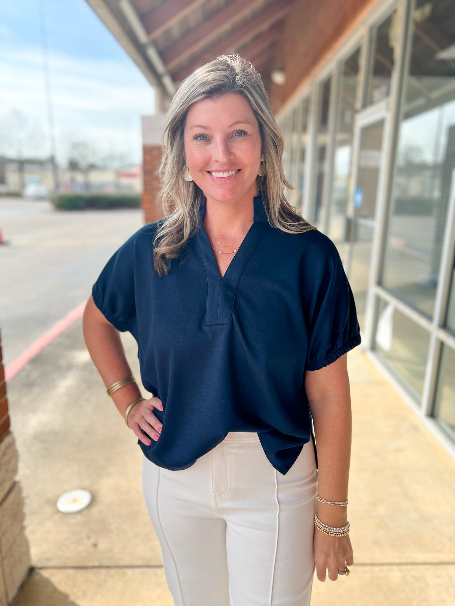 Navy Short Sleeve V - Neck Top - A'Bekah's Boutique