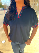 Navy Short Sleeve V - Neck Top with Plaid Binding Trim - A'Bekah's Boutique