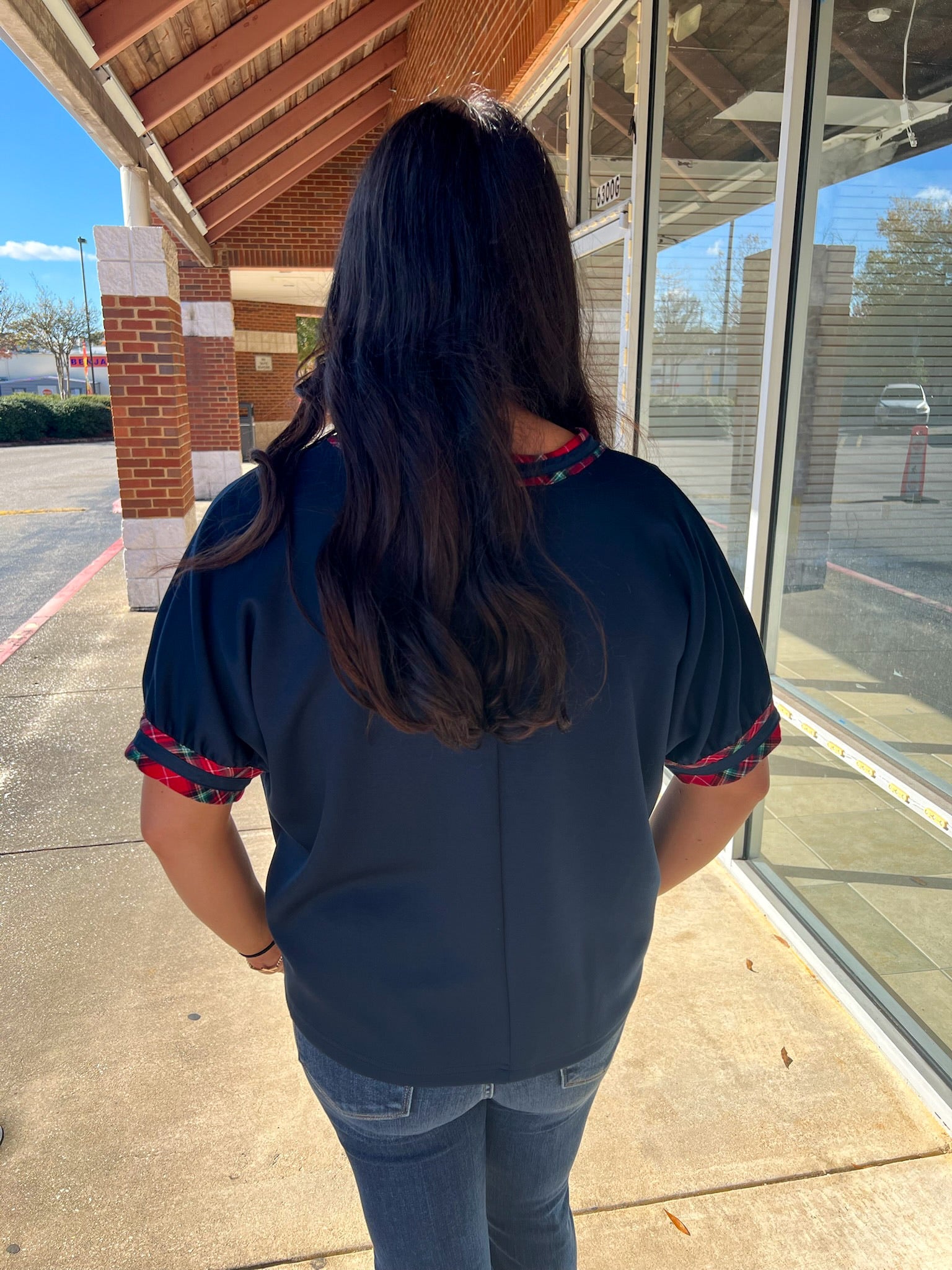 Navy Short Sleeve V - Neck Top with Plaid Binding Trim - A'Bekah's Boutique