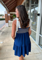 Navy Smocked Dress with Tie Shoulders - A'Bekah's Boutique
