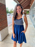 Navy Smocked Dress with Tie Shoulders - A'Bekah's Boutique