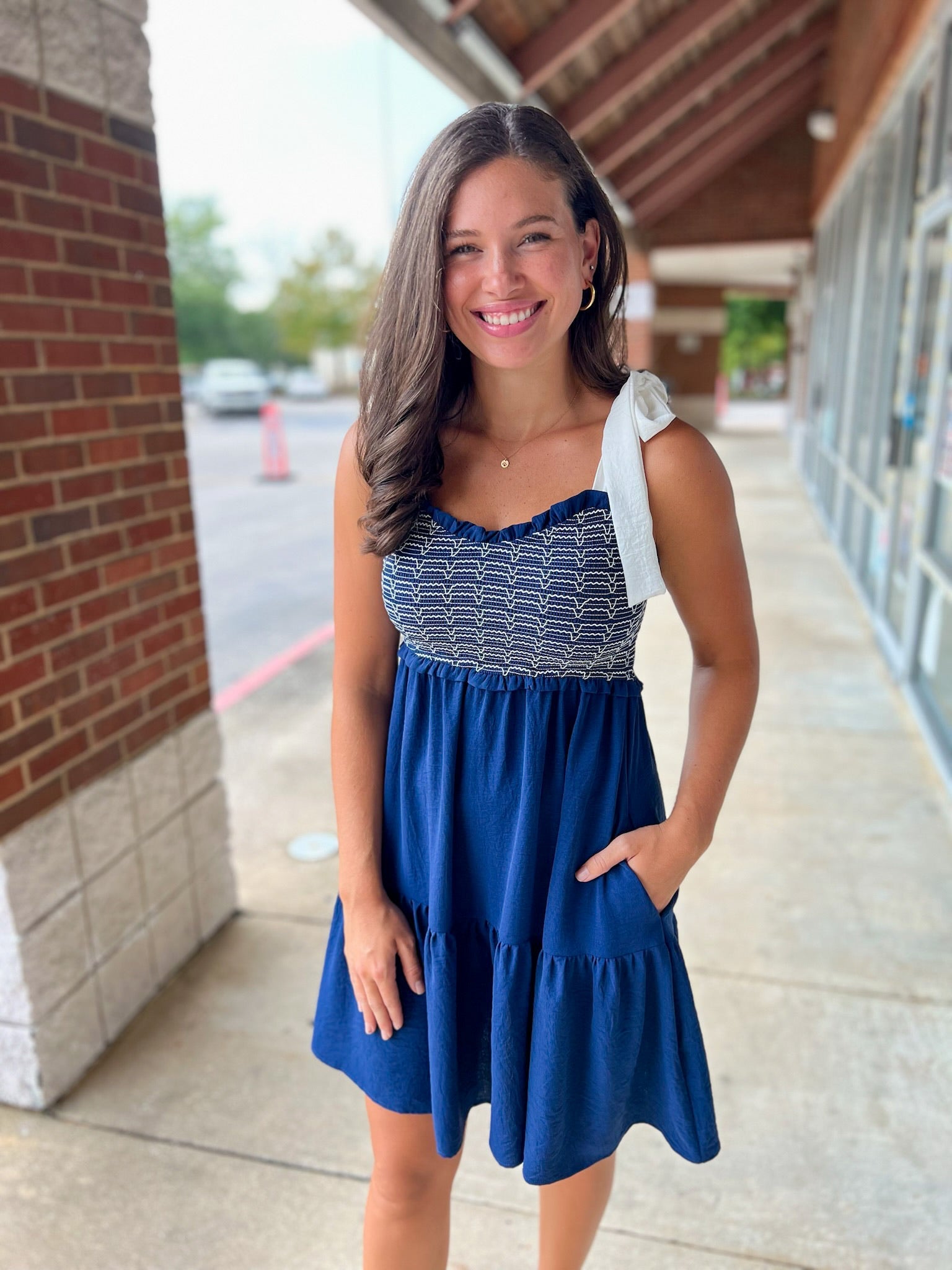 Navy Smocked Dress with Tie Shoulders - A'Bekah's Boutique