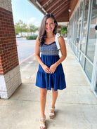 Navy Smocked Dress with Tie Shoulders - A'Bekah's Boutique