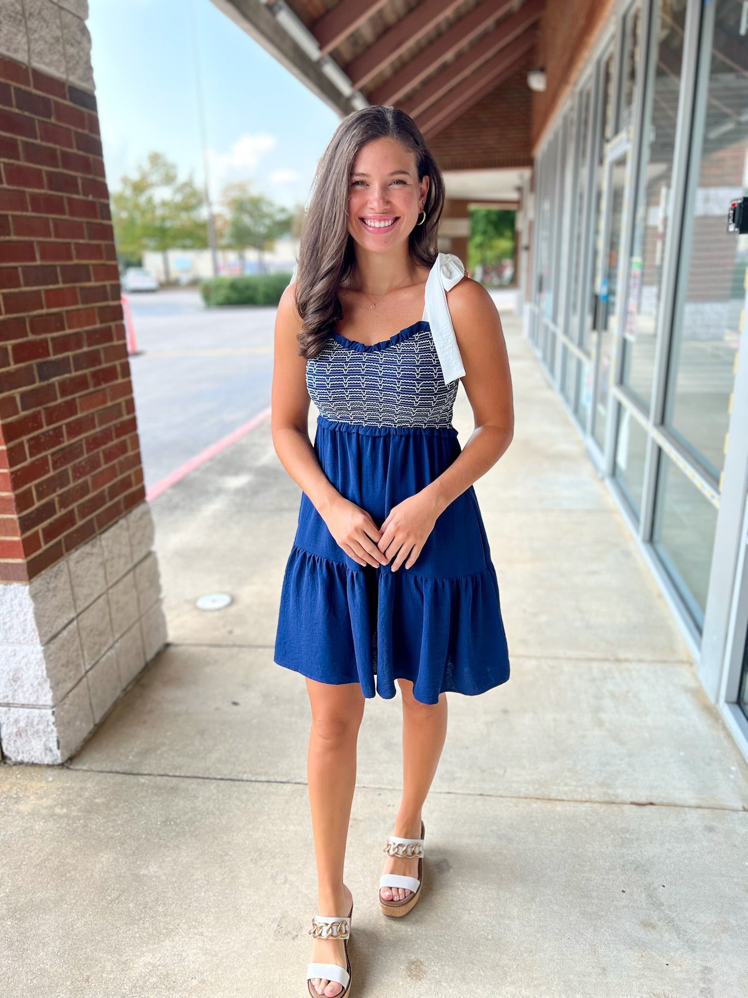 Navy Smocked Dress with Tie Shoulders - A'Bekah's Boutique