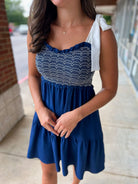 Navy Smocked Dress with Tie Shoulders - A'Bekah's Boutique
