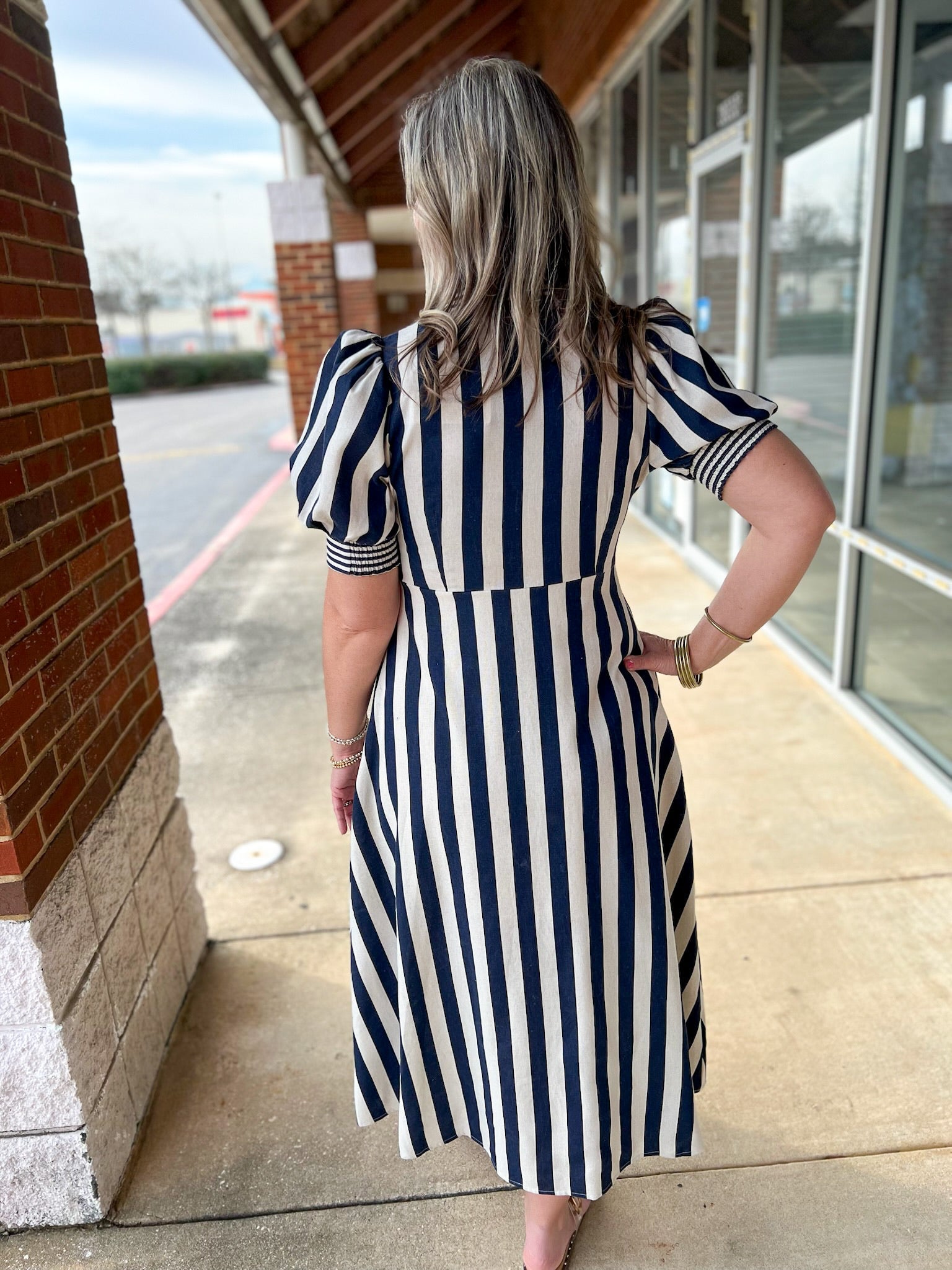 Navy Striped Button Up Midi Dress with Short Puff Sleeves - A'Bekah's Boutique