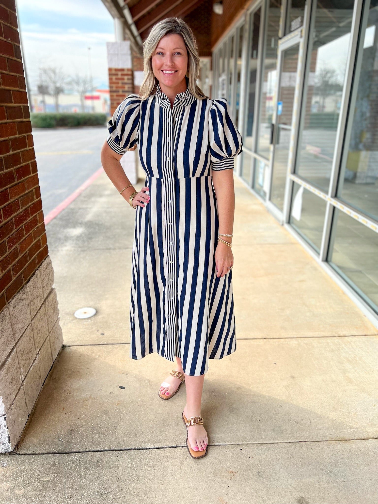 Navy Striped Button Up Midi Dress with Short Puff Sleeves - A'Bekah's Boutique