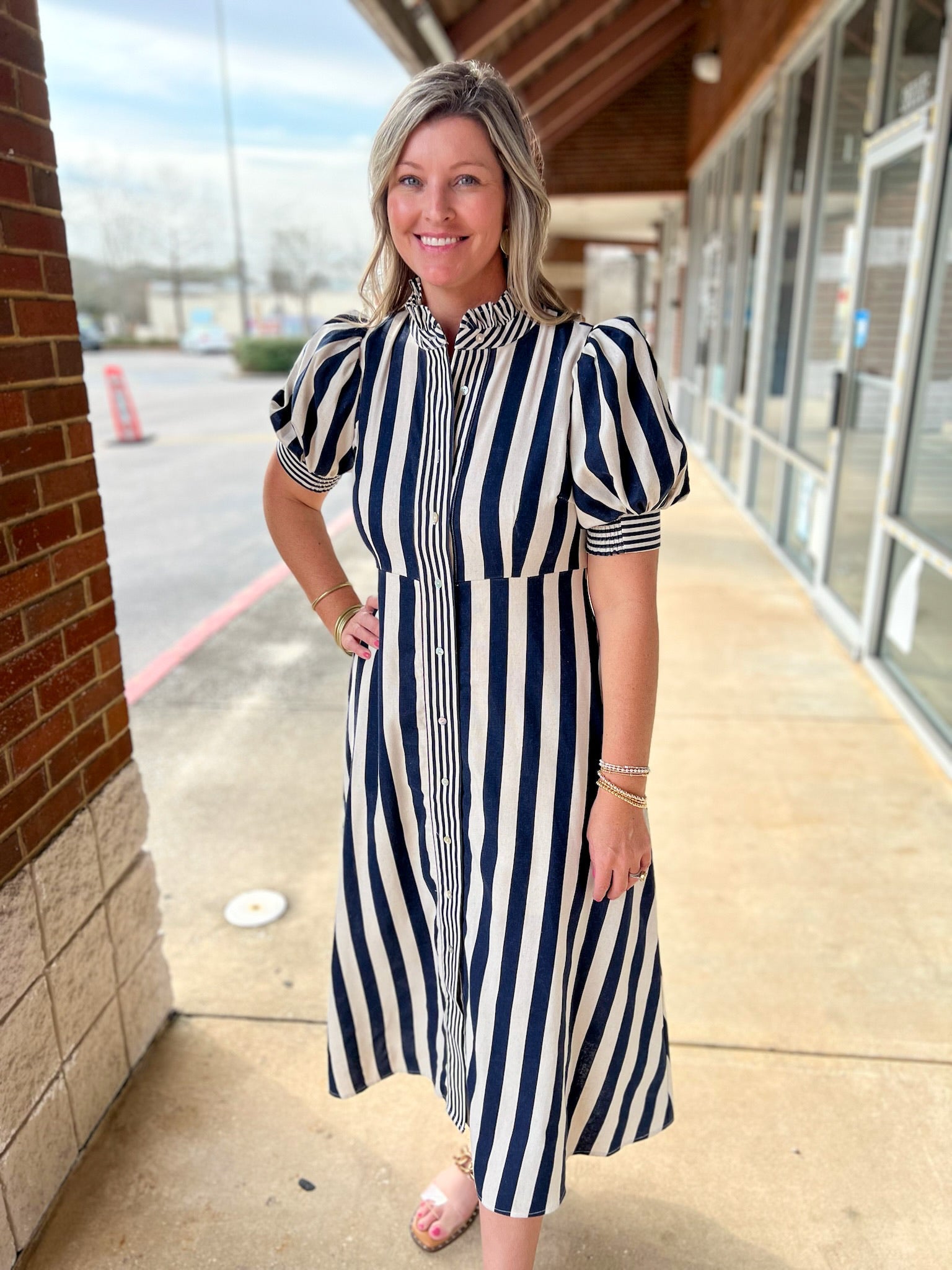 Navy Striped Button Up Midi Dress with Short Puff Sleeves - A'Bekah's Boutique