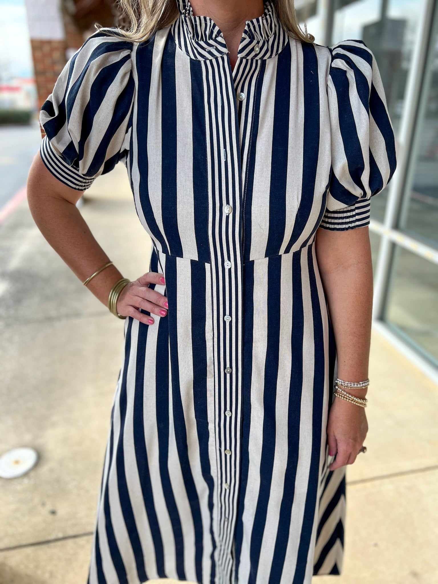 Navy Striped Button Up Midi Dress with Short Puff Sleeves - A'Bekah's Boutique
