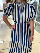 Navy Striped Button Up Midi Dress with Short Puff Sleeves - A'Bekah's Boutique