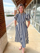 Navy Striped Button Up Midi Dress with Short Puff Sleeves - A'Bekah's Boutique