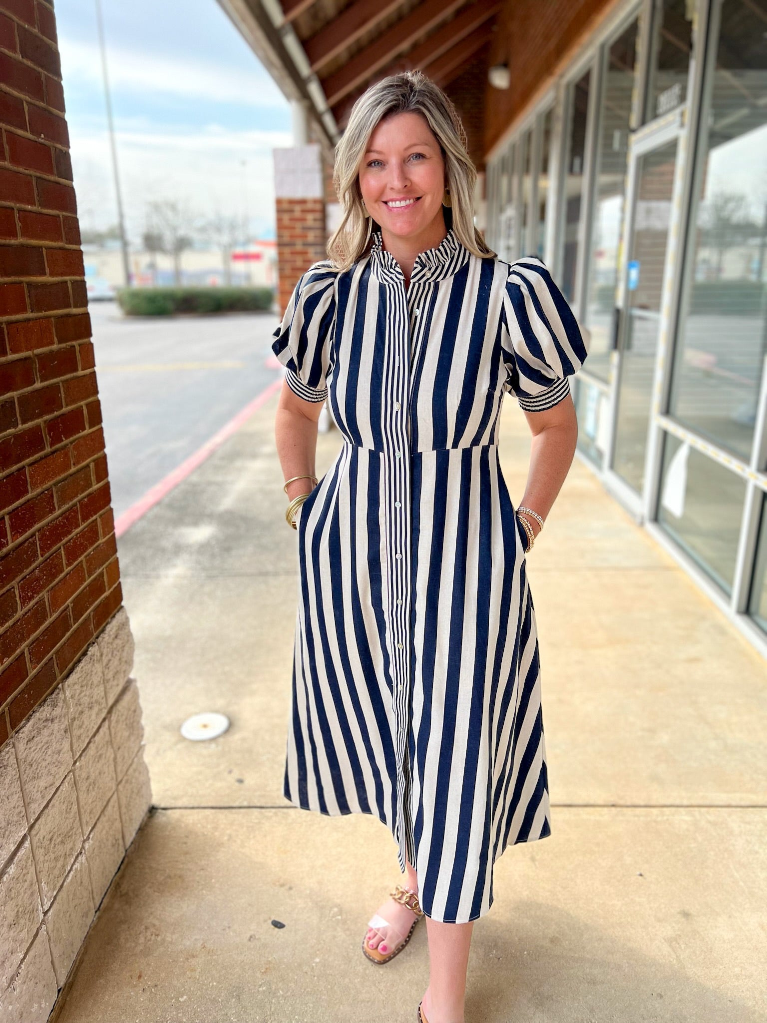 Navy Striped Button Up Midi Dress with Short Puff Sleeves - A'Bekah's Boutique