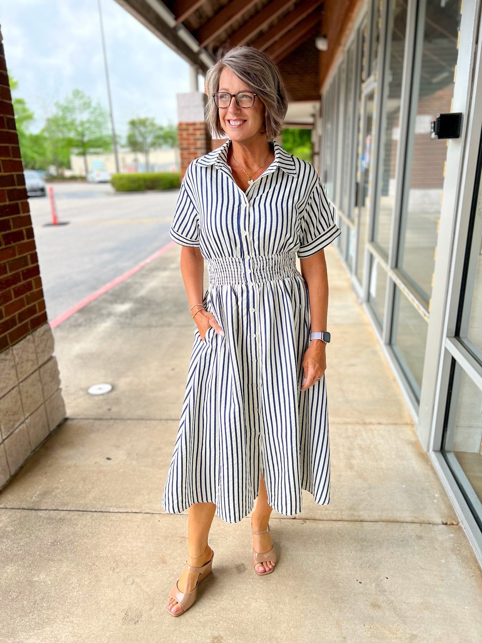 Navy Striped Button Up Midi Dress with Smocked Waist - A'Bekah's Boutique