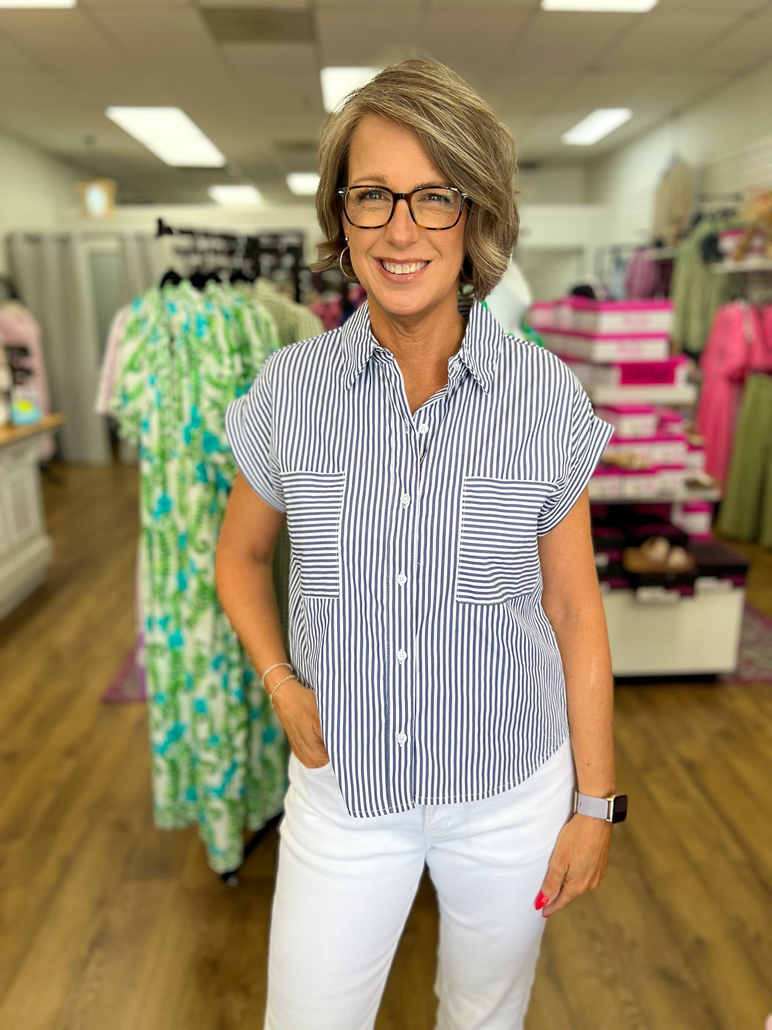 Navy Striped Button Up Top with Short Rolled Sleeves - A'Bekah's Boutique