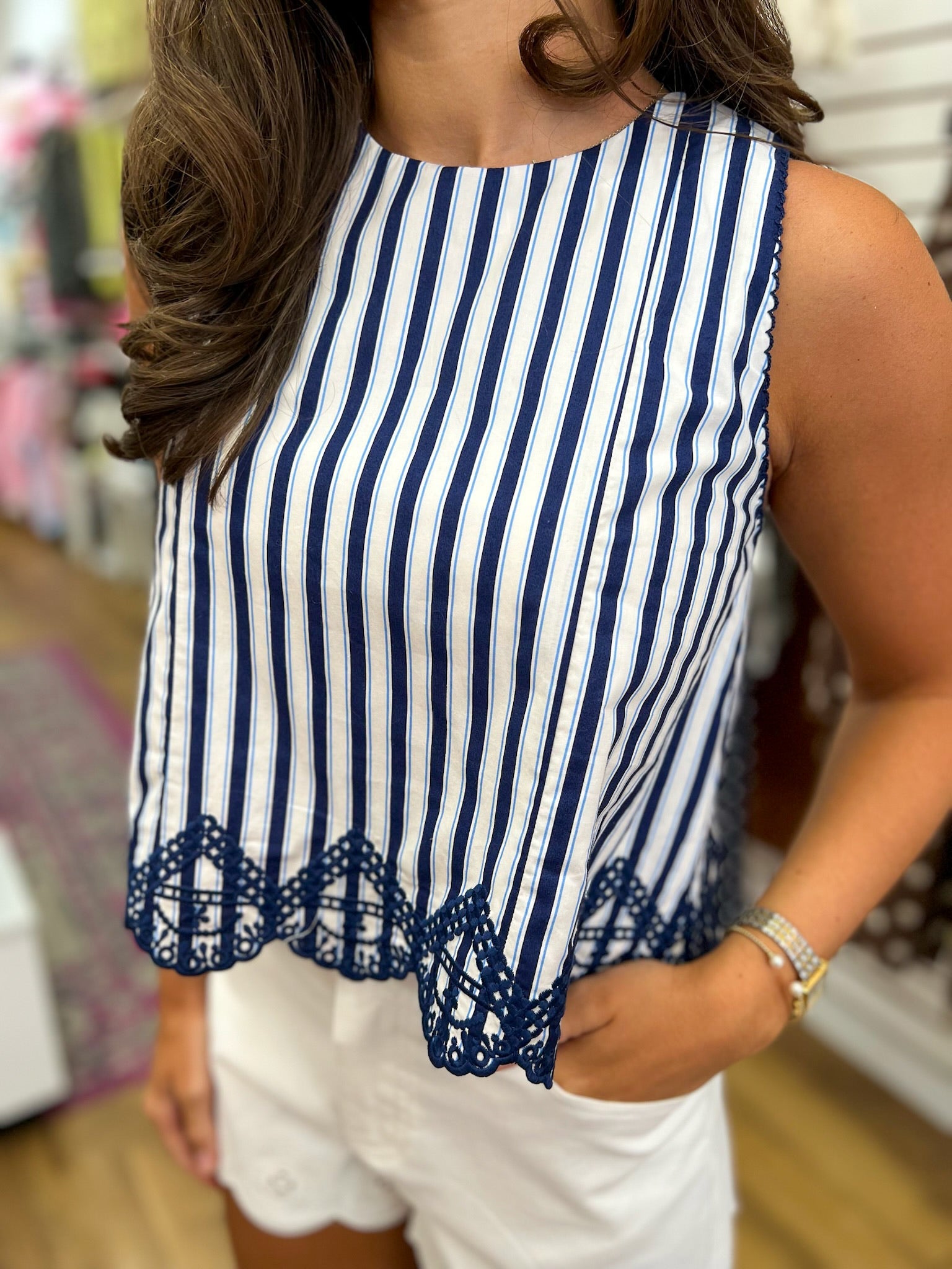 Navy Striped Sleeveless Top with Embroidered Hem - A'Bekah's Boutique