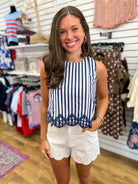 Navy Striped Sleeveless Top with Embroidered Hem - A'Bekah's Boutique