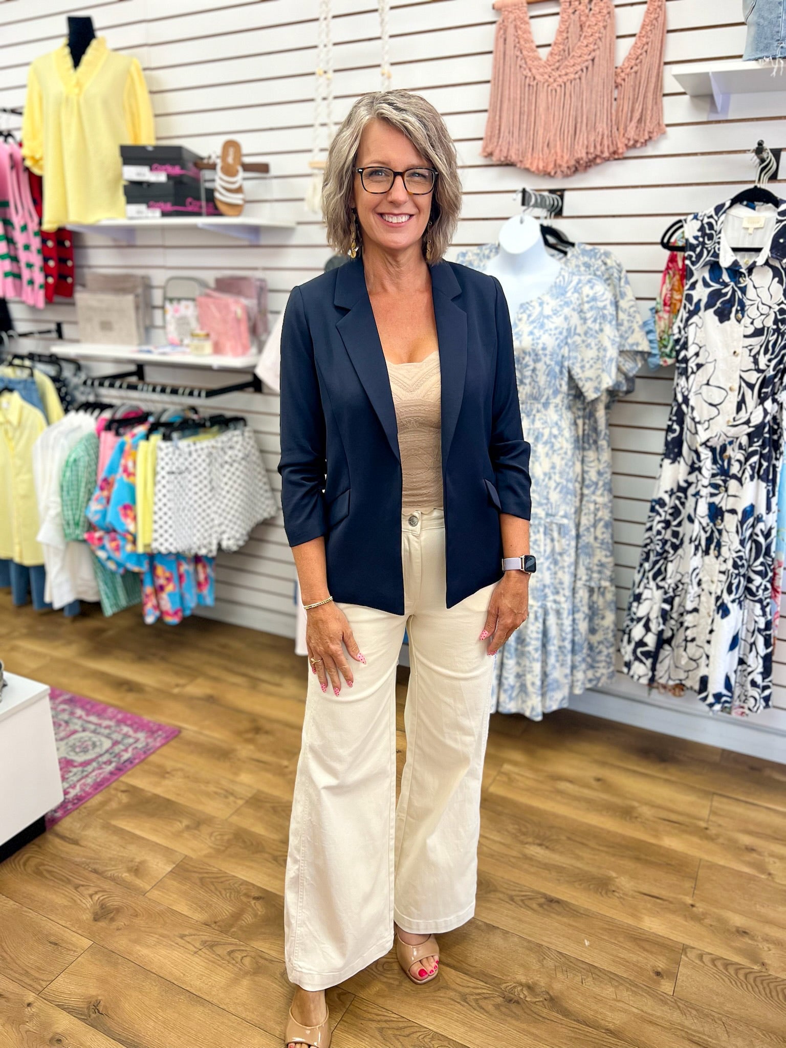 Navy Tailored Blazer with Shirred Sleeves - A'Bekah's Boutique