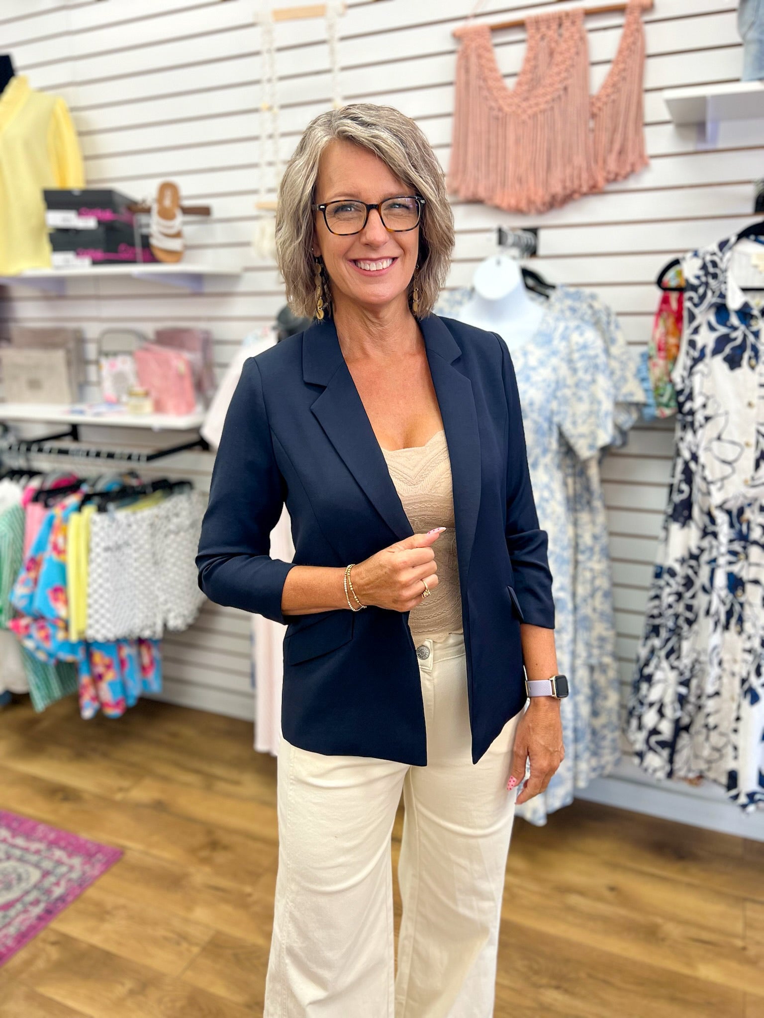 Navy Tailored Blazer with Shirred Sleeves - A'Bekah's Boutique