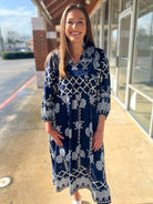 Navy Tribal Print Midi Dress with Contrast Piping - A'Bekah's Boutique