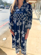 Navy Tribal Print Midi Dress with Contrast Piping - A'Bekah's Boutique