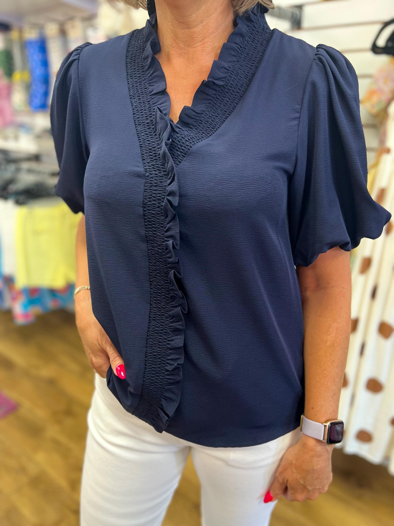 Navy V-Neck Ruffle Trim Top with Short Puff Sleeves - A'Bekah's Boutique