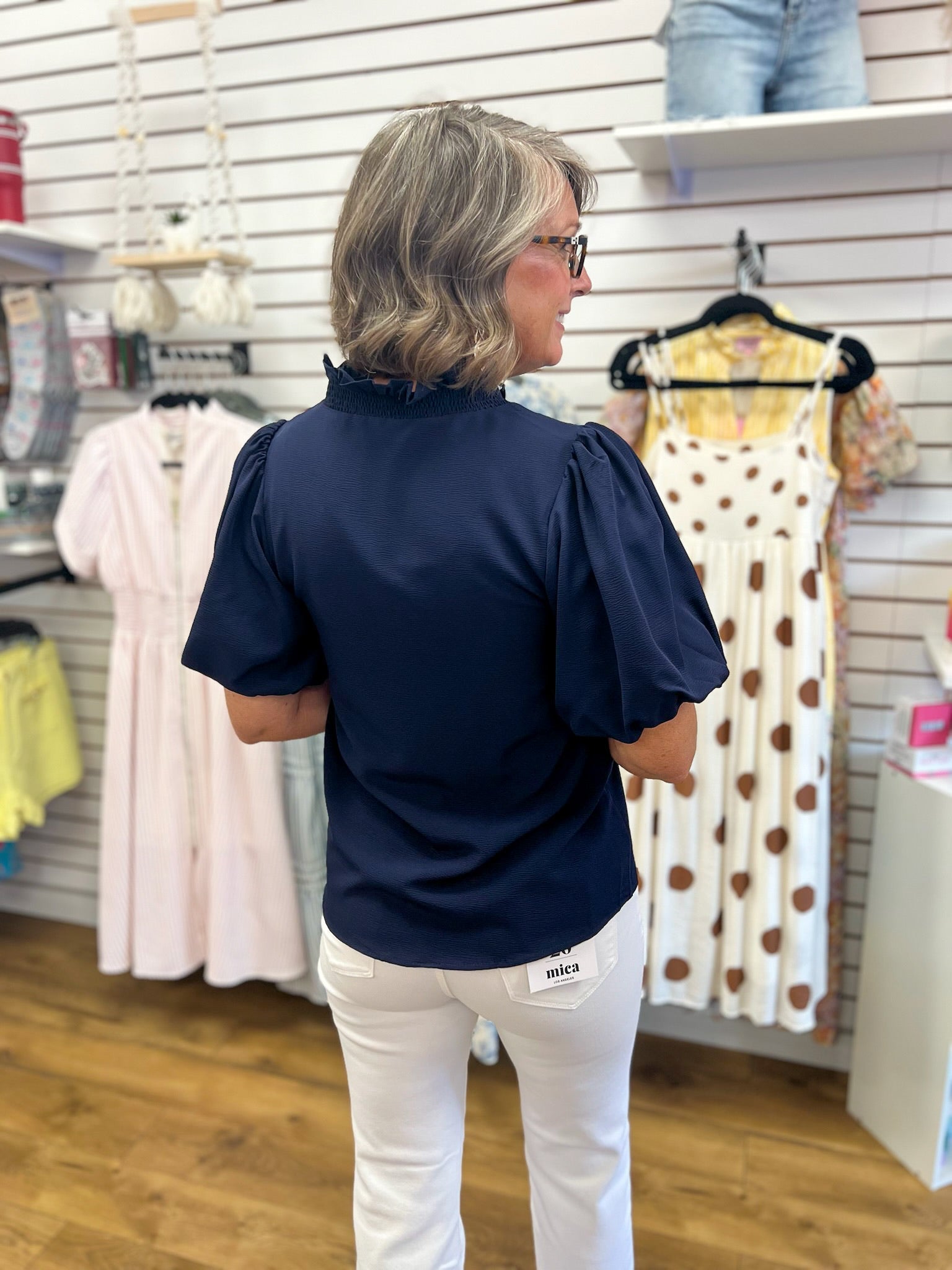 Navy V-Neck Ruffle Trim Top with Short Puff Sleeves - A'Bekah's Boutique