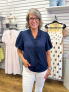 Navy V-Neck Ruffle Trim Top with Short Puff Sleeves - A'Bekah's Boutique