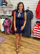 Navy V-Neck Sleeveless Dress with Removable Belt - A'Bekah's Boutique
