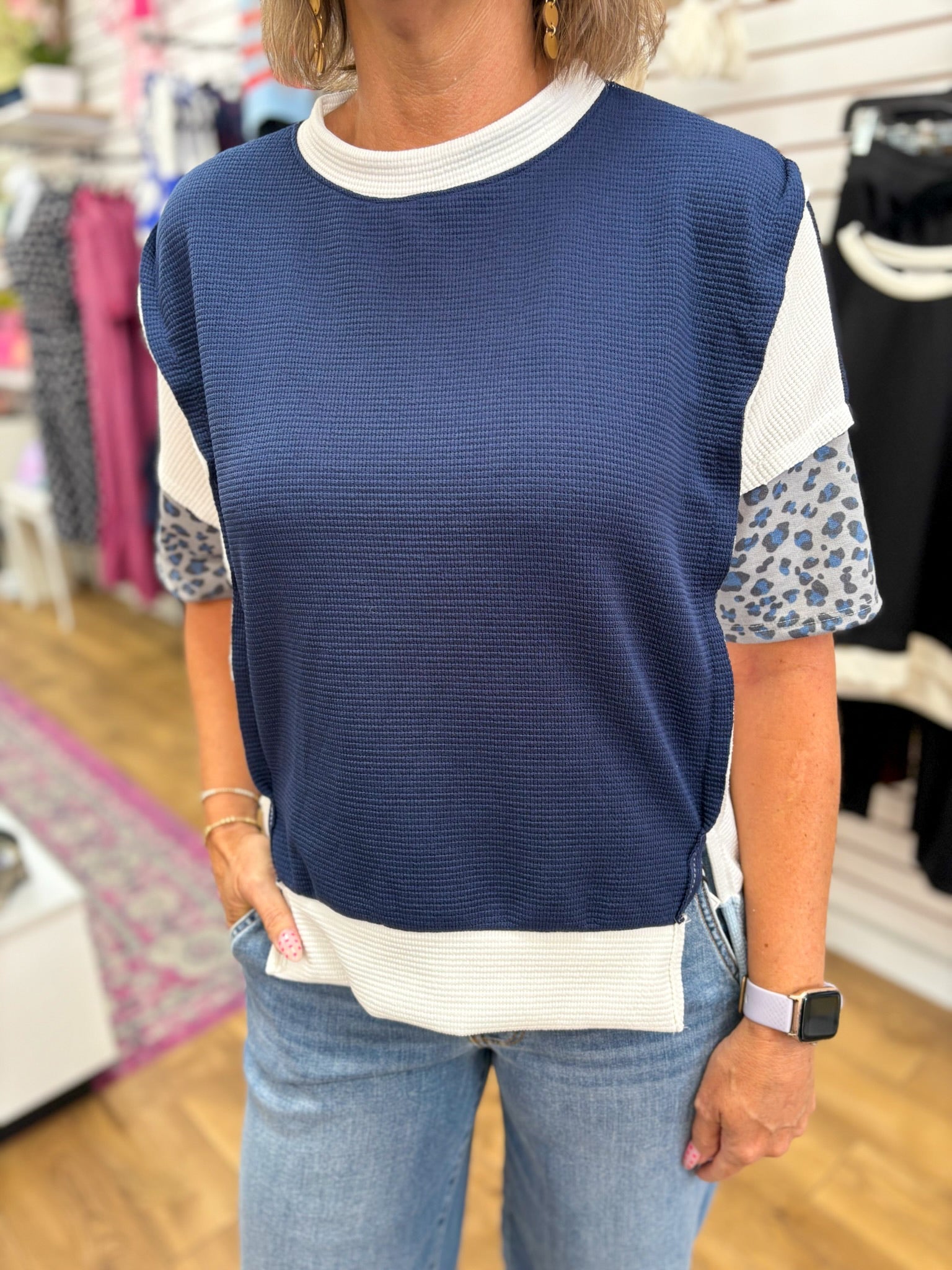 Navy Waffle Knit Top with Leopard Sleeve Accents - A'Bekah's Boutique