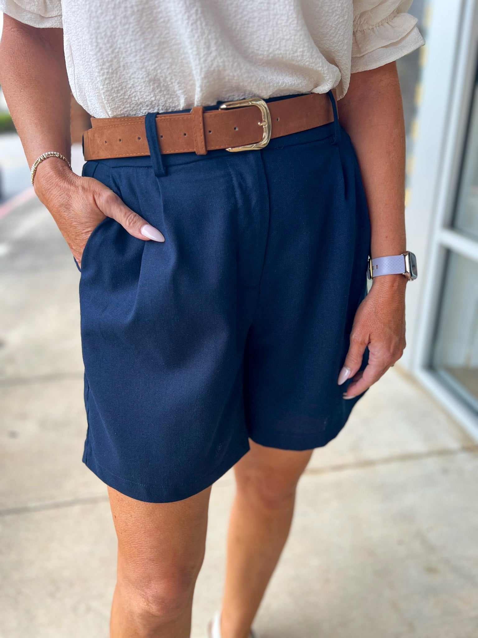 Navy Woven Linen Blend Shorts with Belt - A'Bekah's Boutique