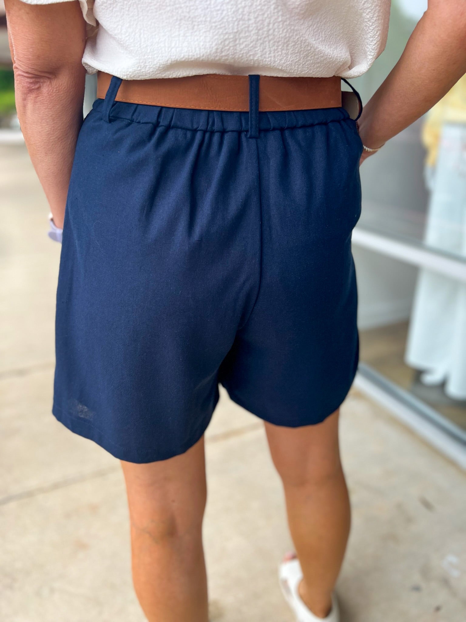 Navy Woven Linen Blend Shorts with Belt - A'Bekah's Boutique
