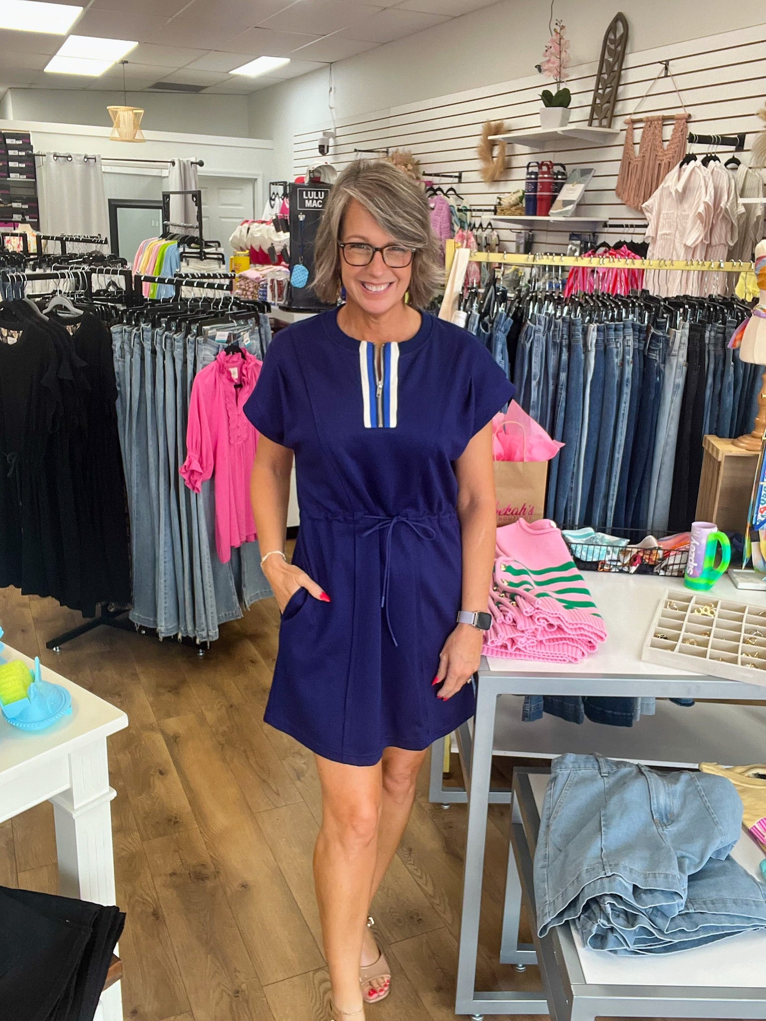Navy Zip Front Dress with Contrast Trim and Drawstring Waist - A'Bekah's Boutique