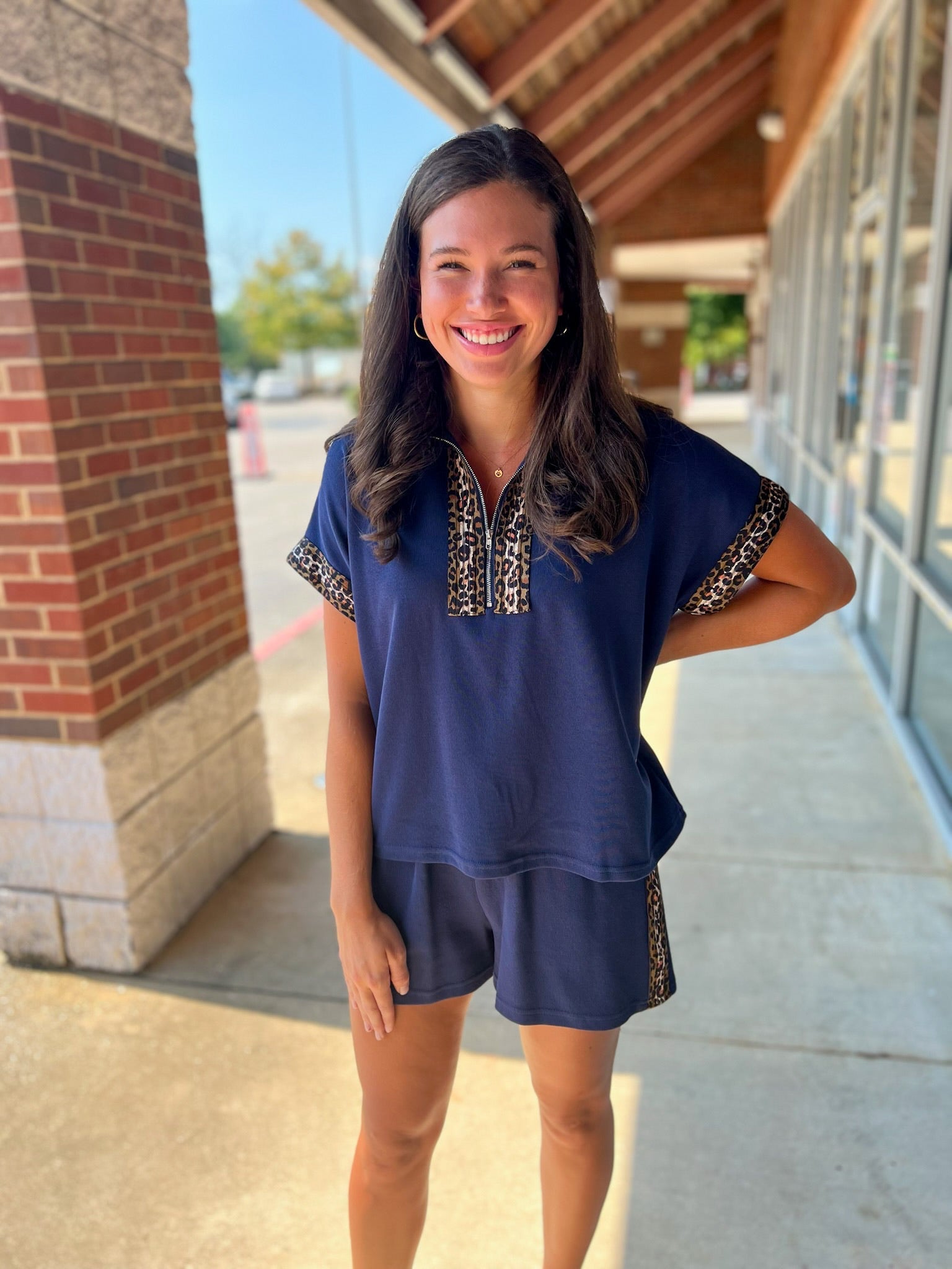 Navy Zip Front Short Set with Leopard Contrast Details - A'Bekah's Boutique