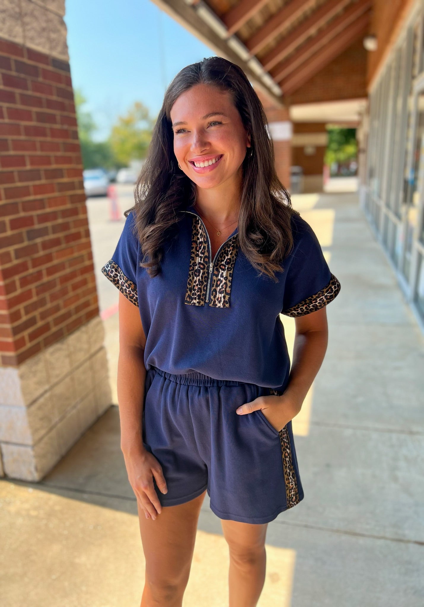 Navy Zip Front Short Set with Leopard Contrast Details - A'Bekah's Boutique