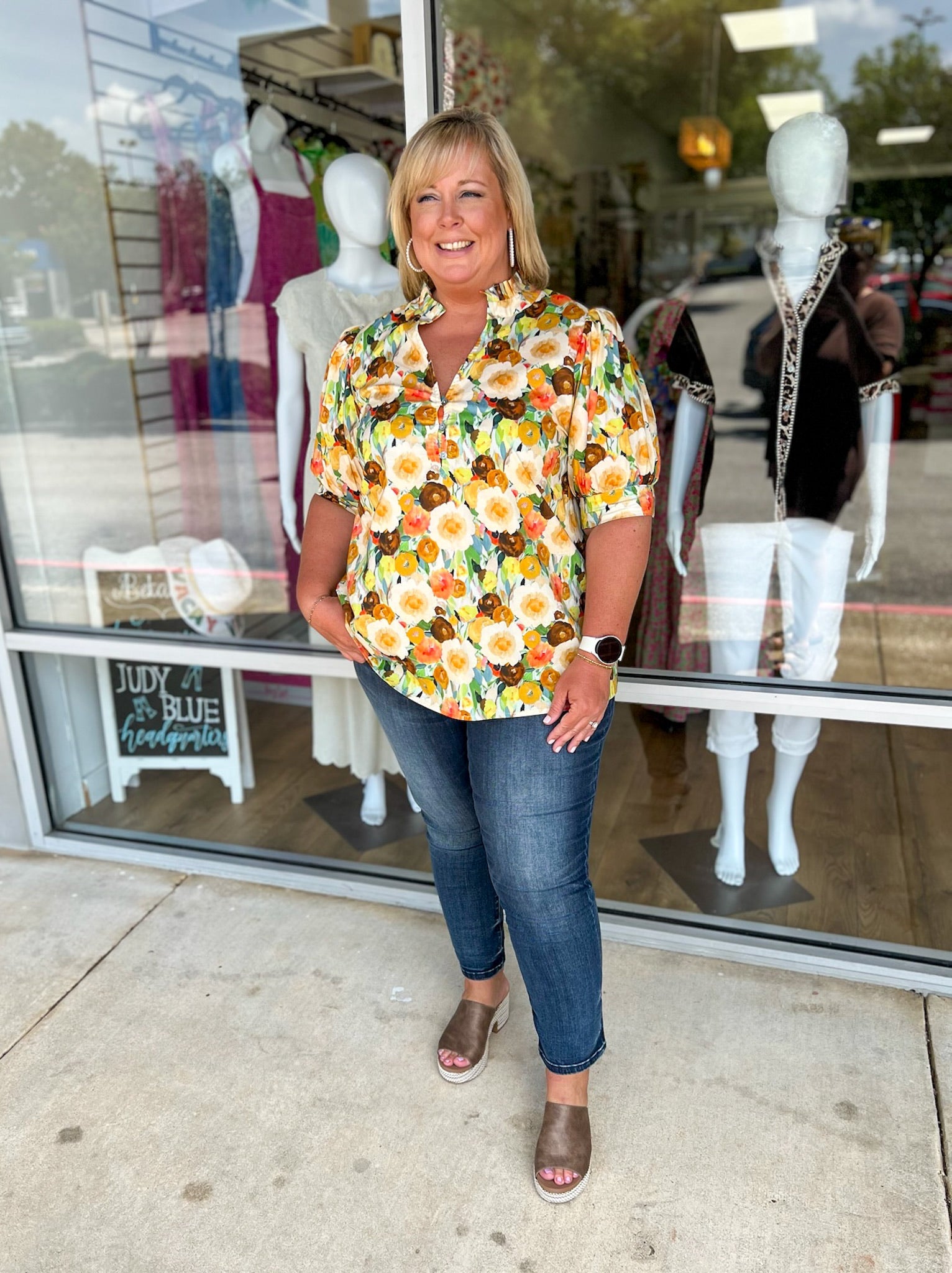 Need You Now Camel Combo Floral Puff Sleeve Top (C) - A'Bekah's Boutique