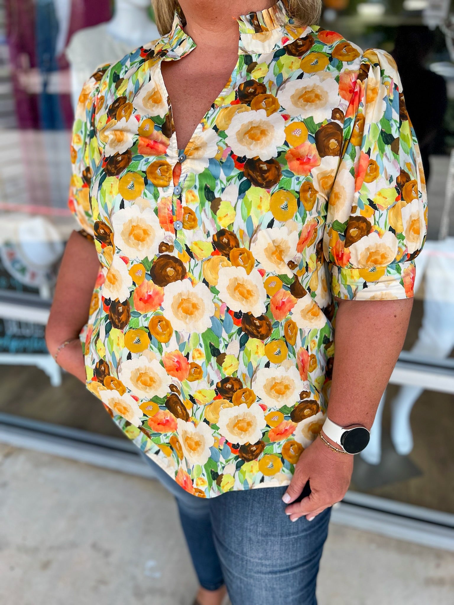 Need You Now Camel Combo Floral Puff Sleeve Top (C) - A'Bekah's Boutique