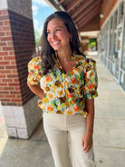 Need You Now Camel Combo Floral Puff Sleeve Top (R) - A'Bekah's Boutique