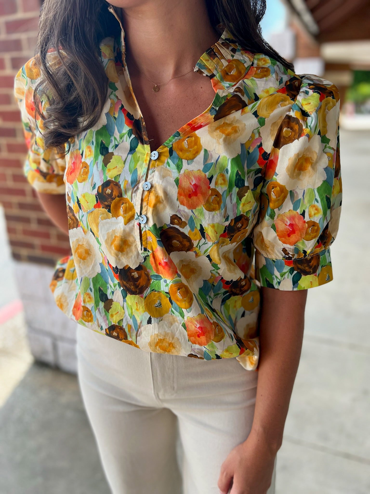 Need You Now Camel Combo Floral Puff Sleeve Top (R) - A'Bekah's Boutique