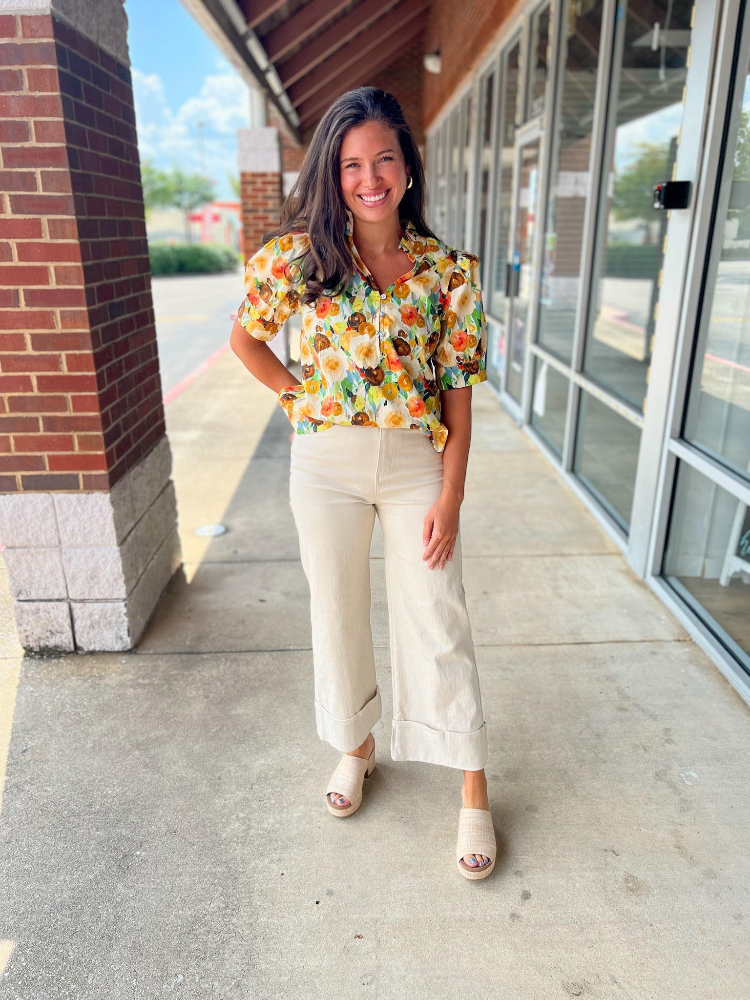Need You Now Camel Combo Floral Puff Sleeve Top (R) - A'Bekah's Boutique