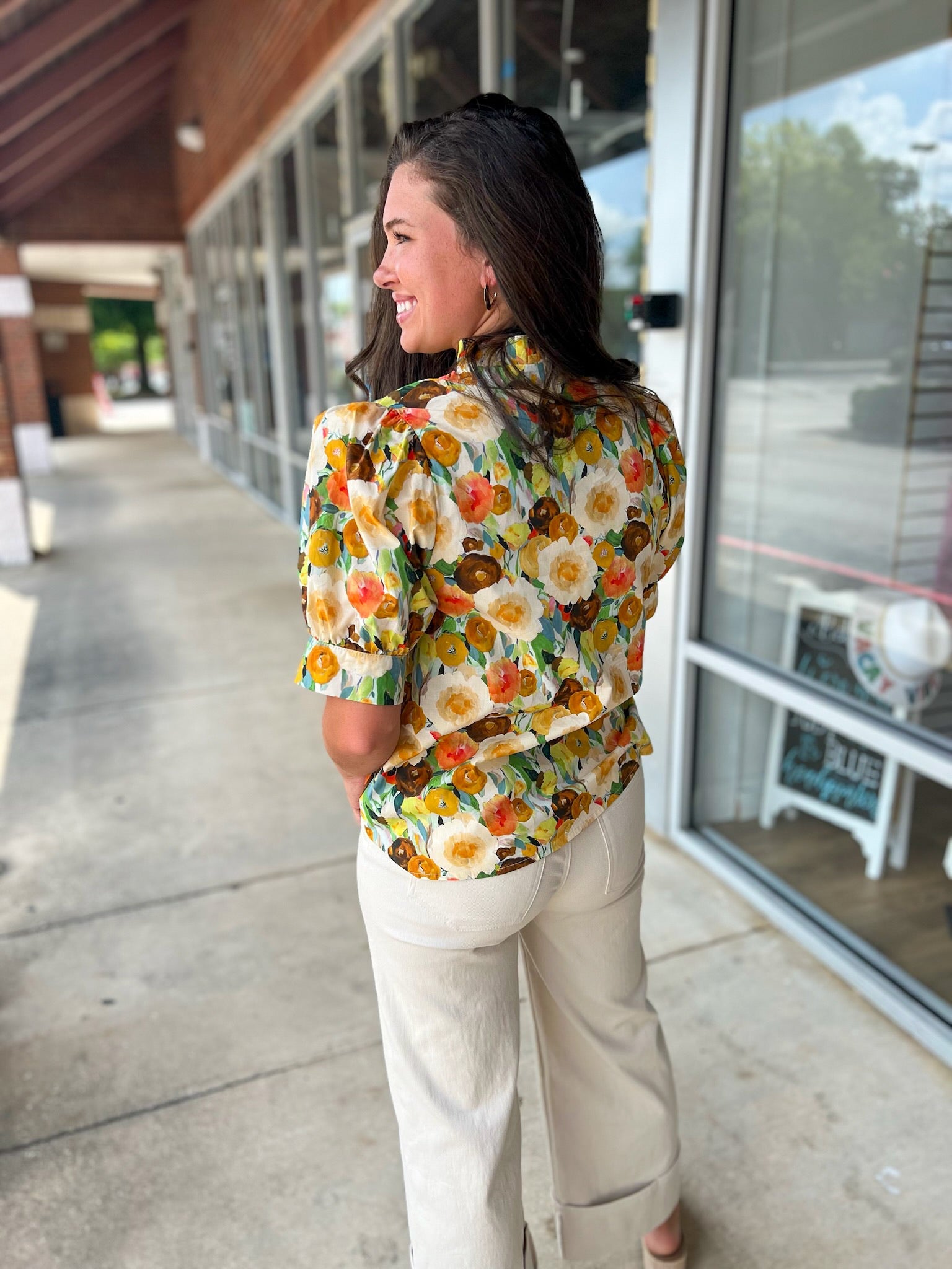 Need You Now Camel Combo Floral Puff Sleeve Top (R) - A'Bekah's Boutique
