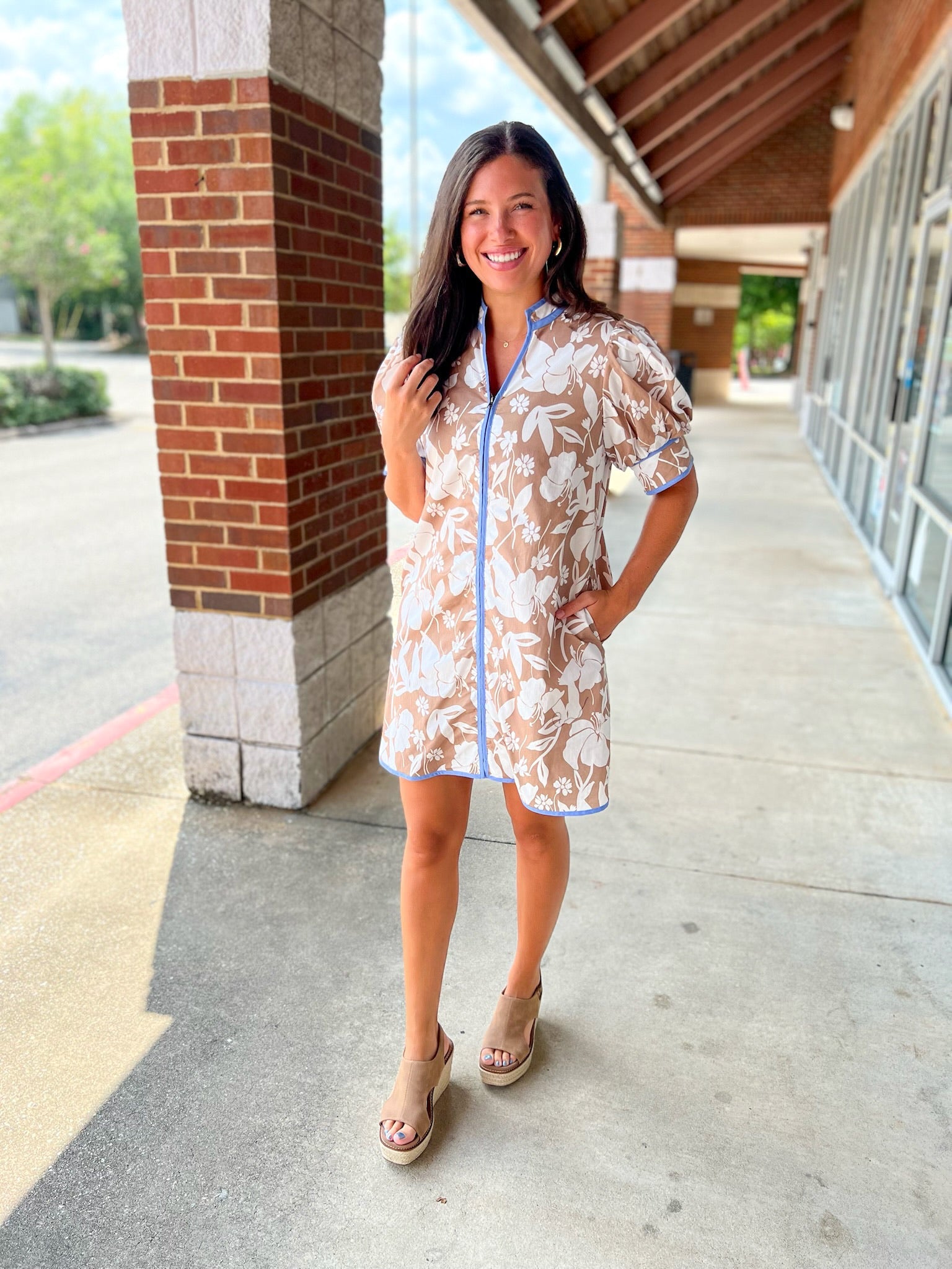 Need You So Mocha Botanical Pattern Zip Front V - Neck Dress - A'Bekah's Boutique