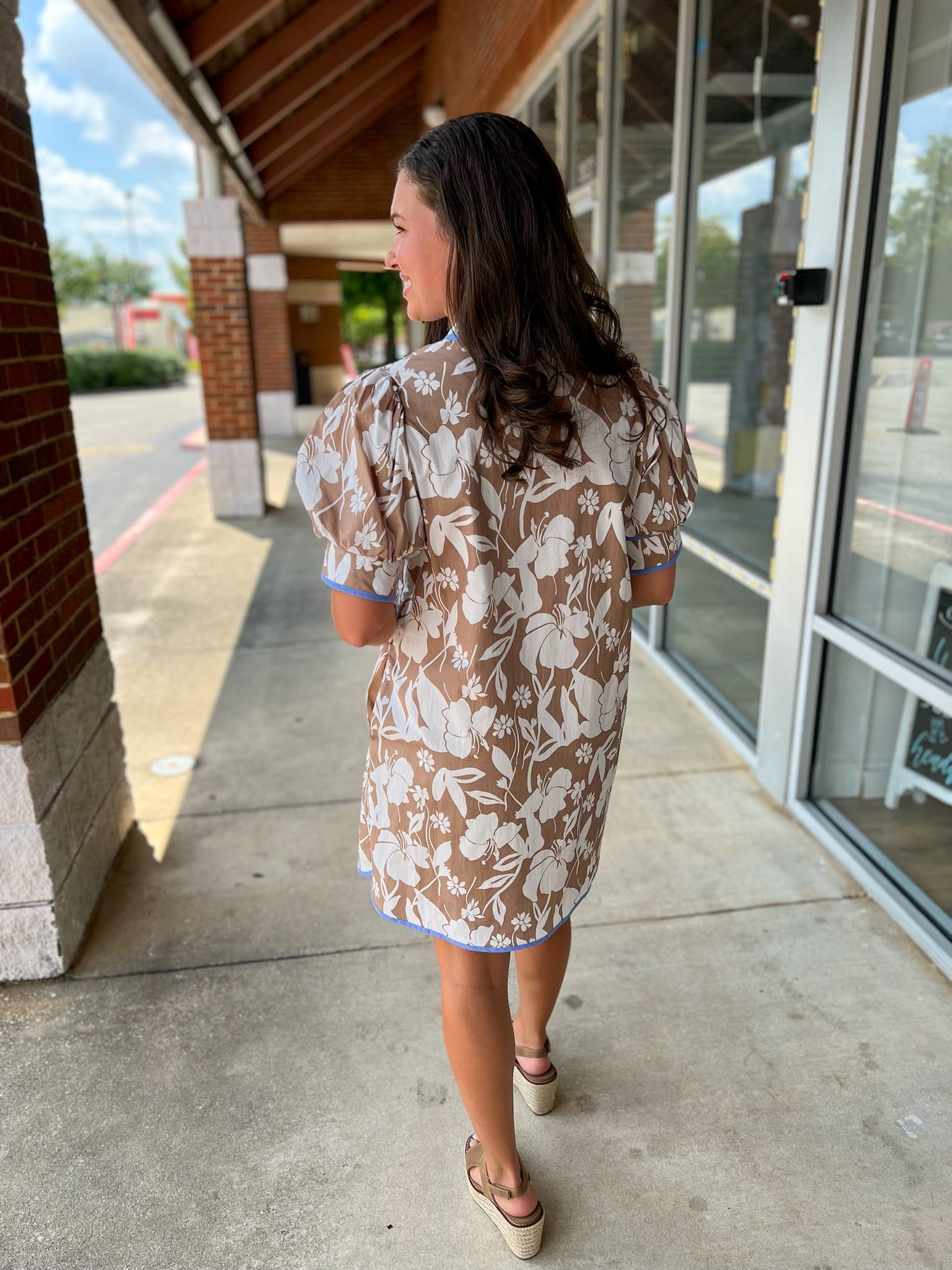 Need You So Mocha Botanical Pattern Zip Front V - Neck Dress - A'Bekah's Boutique