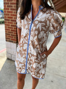 Need You So Mocha Botanical Pattern Zip Front V - Neck Dress - A'Bekah's Boutique