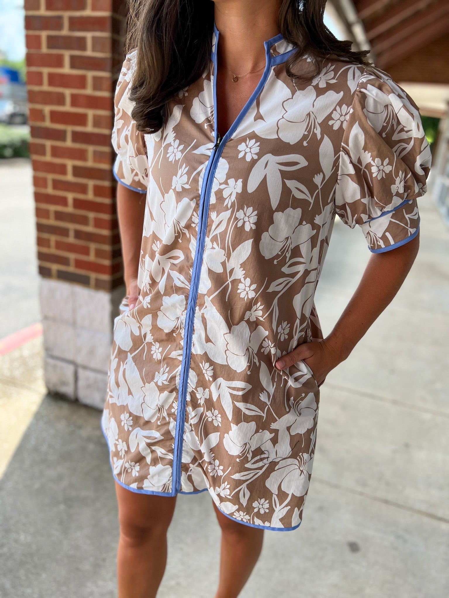 Need You So Mocha Botanical Pattern Zip Front V - Neck Dress - A'Bekah's Boutique