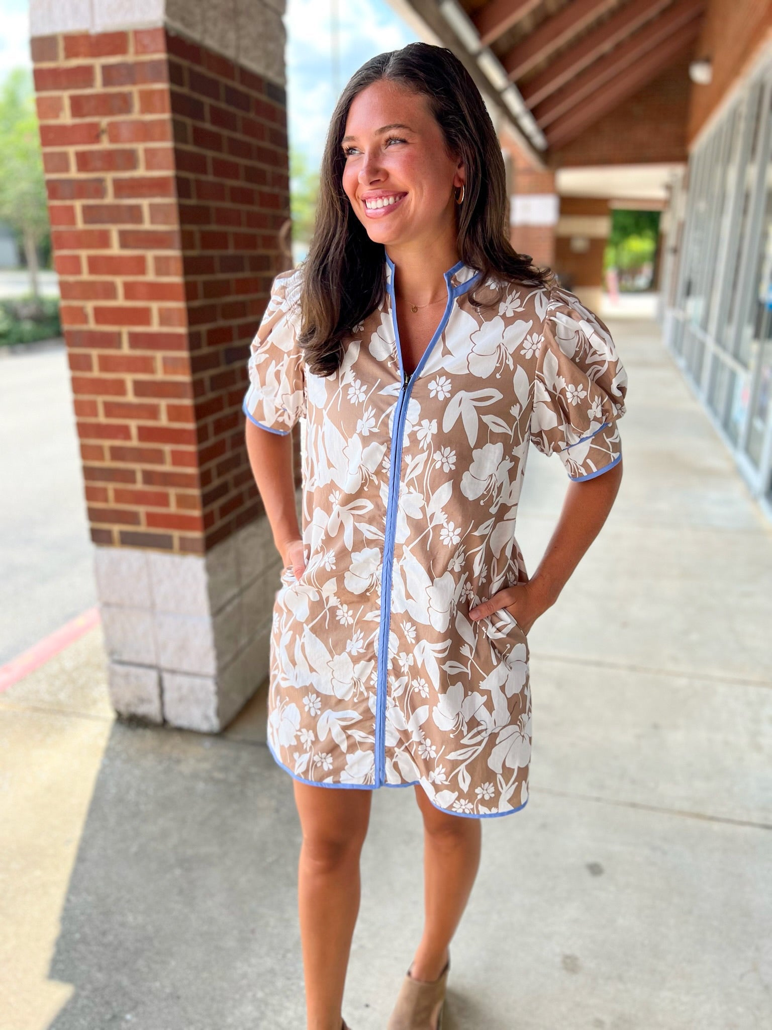 Need You So Mocha Botanical Pattern Zip Front V - Neck Dress - A'Bekah's Boutique