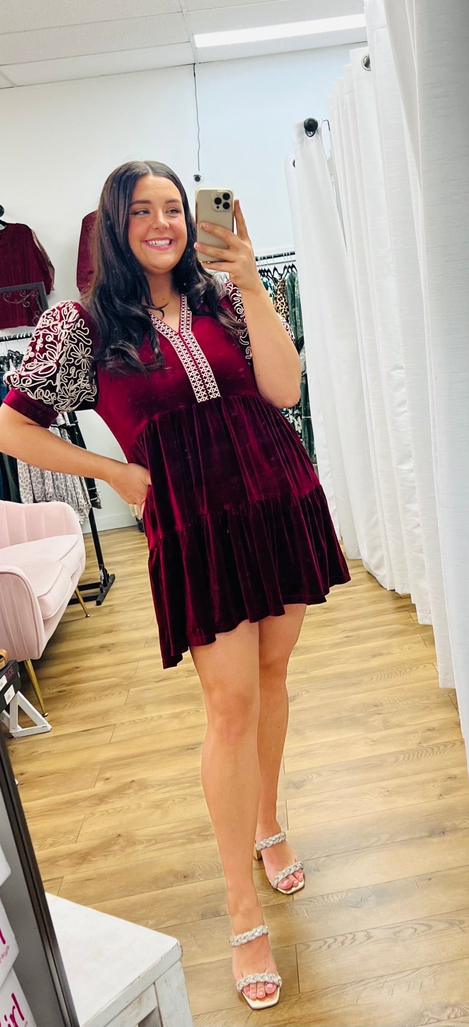 Need Your Love Ruby Velvet Dress with Appliqued Puff Sleeves - A'Bekah's Boutique