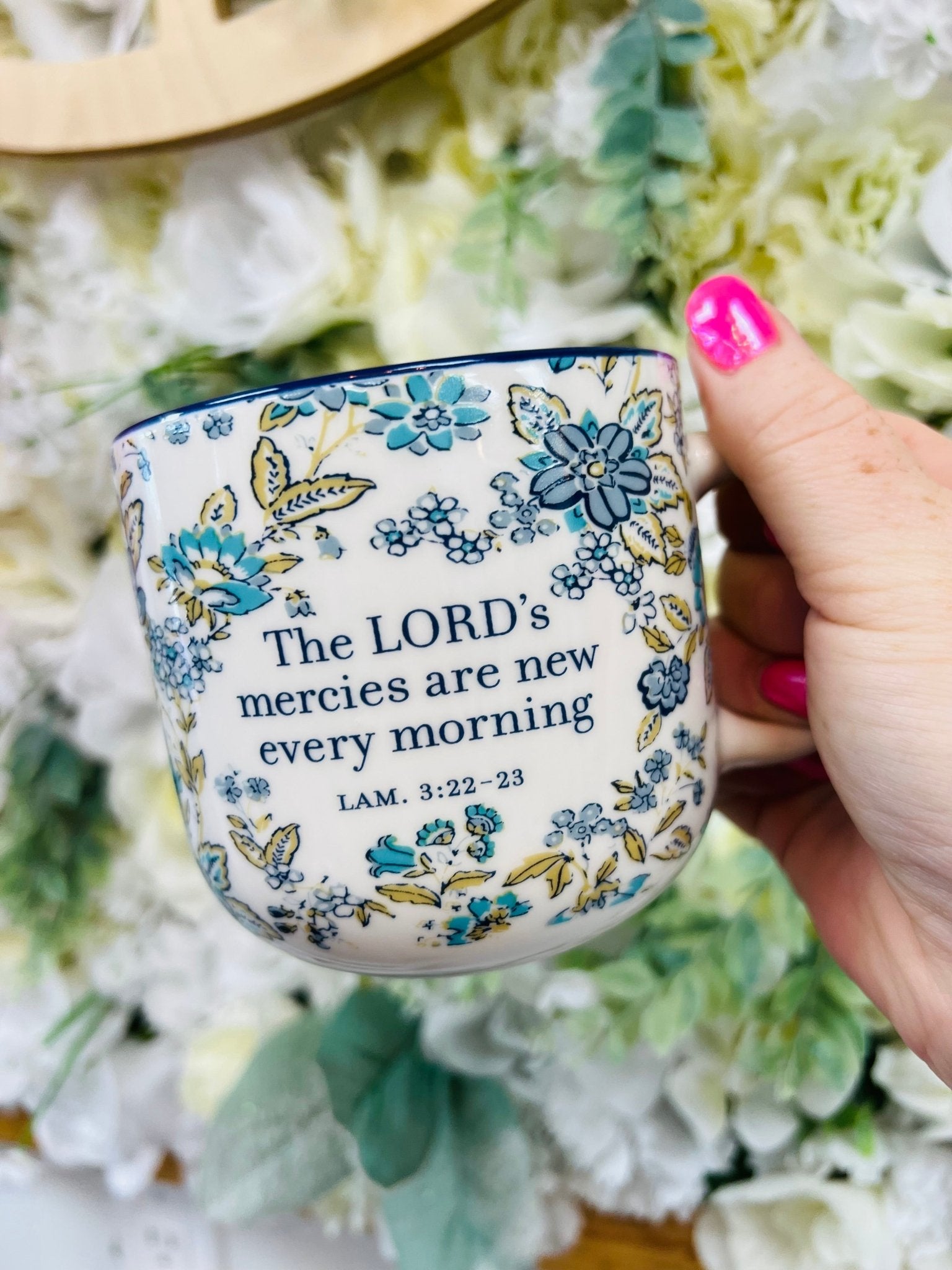 New Mercies Lam. 3:22-23 Blue and Green Floral Mug - A'Bekah's Boutique